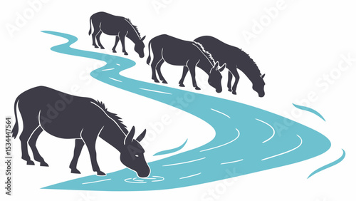 Four Dark Donkeys Drinking Water From Winding Blue River Stylized Illustration
