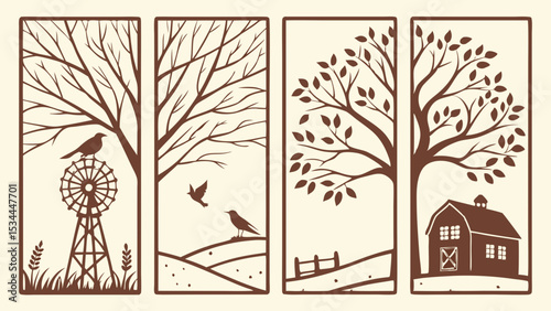 Rustic Farm Nature Scene Wall Decor Panels Set with Barn Windmill Trees Birds