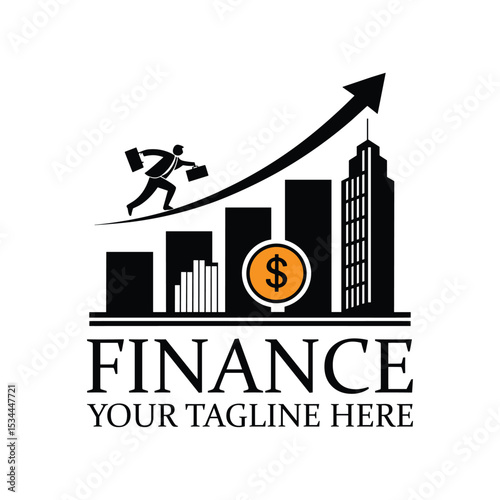 Finance Logo with Running Businessman, Growth Chart, Dollar Coin and City Skyline – Business and Investment Icon.