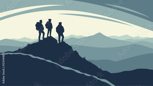 Mountain Adventure Illustration Three Hikers on Peak Overlooking Blue Misty Landscape