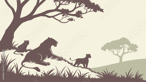 Minimalist African Savanna Silhouette Illustration Lioness and Two Cubs Resting Under Tree Wildlife Art