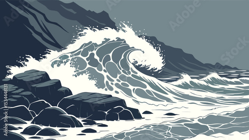 Large Stylized Ocean Wave Crashing on a Rocky Shoreline with Mountains Coastal Landscape Illustration Art