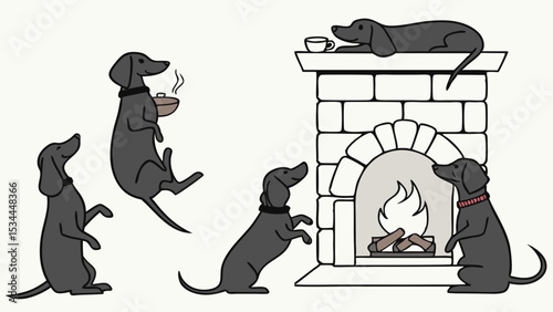 Adorable Black Dachshund Dogs Cartoon Cozy Scene by Fireplace One Eating One Relaxing on Top