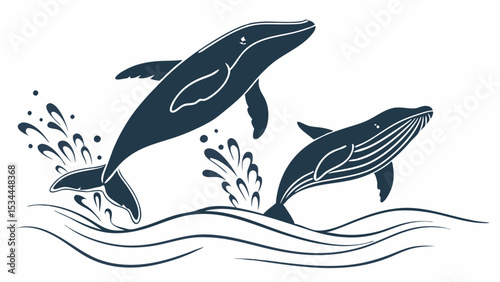 Two Whales Jumping Ocean Waves Water Splash Stylized Marine Art