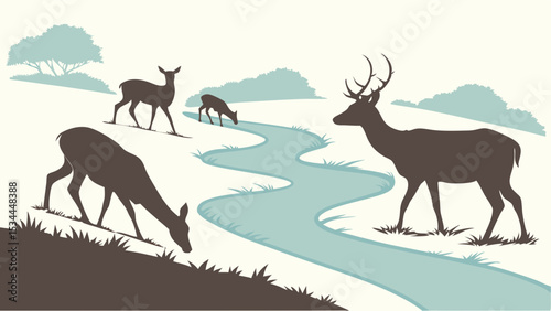 Vector silhouette illustration of a stag and deer herd grazing by a river in a serene landscape.