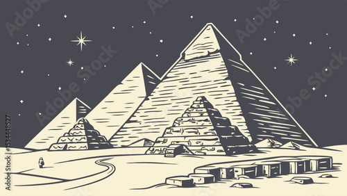 Giza Pyramids at Night Starry Sky Vintage Engraving Ancient Egypt Desert Landscape Illustration Art