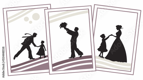 Silhouette Family Wedding Illustrations, Father Daughter Dance, Mother Daughter Dance, Bouquet Toss