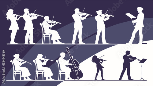 White Silhouette Orchestra String Musicians and Conductor Playing Classical Music Concert