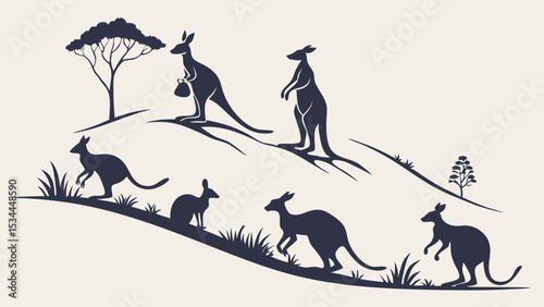 Australian Kangaroos Hopping and Standing Silhouette on a Grassy Hill Illustration