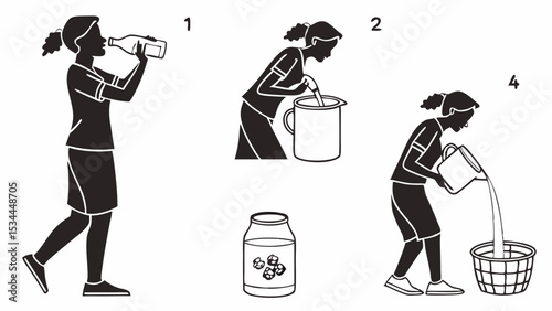 Woman Drinking Pouring Liquid Into Bin Steps Silhouette Illustration