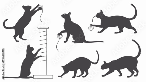 Set of black cat silhouettes playing with toys and scratching post vector illustration graphic