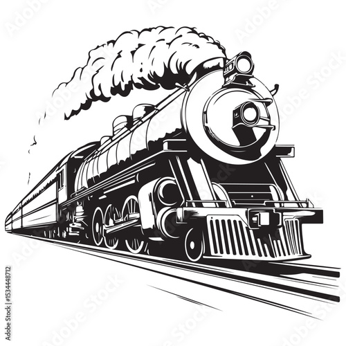 
Steam locomotive train silhouette vector illustration isolated on a white background, Train silhouette vector design, Vintage train illustration black and white