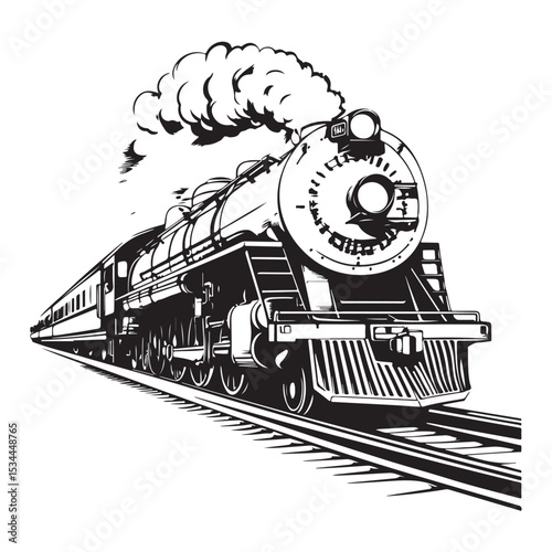 
Steam locomotive train silhouette vector illustration isolated on a white background, Train silhouette vector design, Vintage train illustration black and white