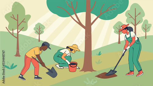 Diverse volunteers planting trees in sunny park. Community teamwork for environmental conservation and nature care.