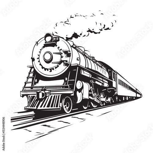 
Steam locomotive train silhouette vector illustration isolated on a white background, Train silhouette vector design, Vintage train illustration black and white