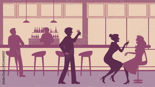 Illustration of people socializing and drinking at a bar. Friends talking and toasting in silhouette during a night out.