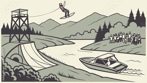 Illustration Wakeboarding Action Extreme Sport Athlete Jumping Ramp Water Lake Summer Fun Outdoor Leisure People Watching