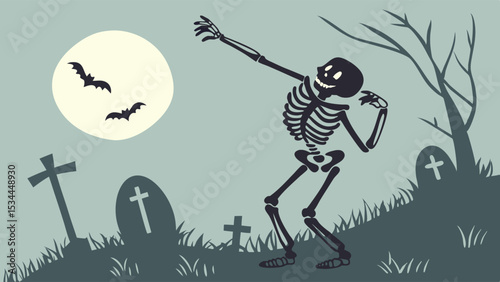 Halloween skeleton character dancing in graveyard funny cartoon spooky night illustration moon bats