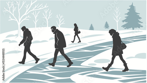 Winter scene with people walking on a snowy path in a park during cold weather