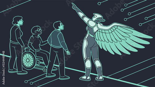 Diverse team follows futuristic leader pointing way forward to digital future and technology concept illustration