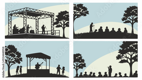 Outdoor music concert stage performance audience park silhouette vector set illustration collection
