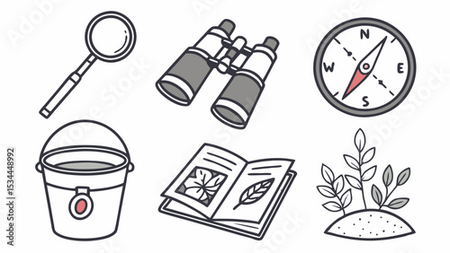 Hand Drawn Nature Exploration And Science Study Tools Kit Illustration Binoculars Compass