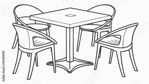 Simple empty square table and four chairs dining set furniture for cafe patio restaurant line art illustration
