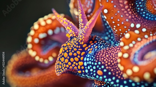 Vibrant, colorful nudibranch sea slug with intricate patterns and textures close-up.