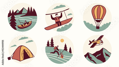 Outdoor Adventure Travel Sports Nature Exploration Activities Icons Set Illustration Graphics Kayaking Hot Air Balloon Camping Hiking Plane