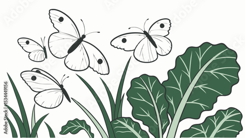 Beautiful white butterflies flying over green plants and leaves Peaceful summer garden nature scene