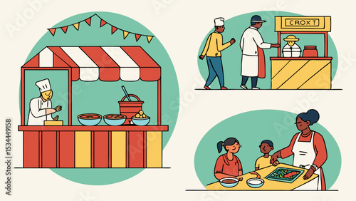 Illustration of diverse people enjoying food market stalls with vendors and customers, and family cooking together activity