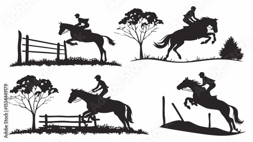 Equestrian sport silhouettes set. Horse and rider jumping fences outdoor nature.