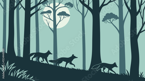 Silhouette of wolves running in dark forest at night. Nature wildlife animals illustration background.