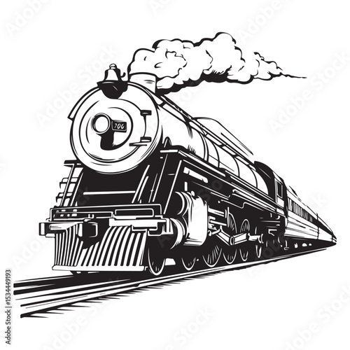 
Steam locomotive train silhouette vector illustration isolated on a white background, Train silhouette vector design, Vintage train illustration black and white