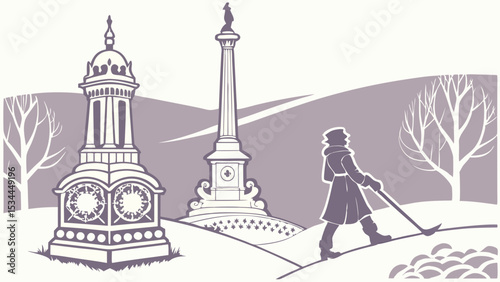 Man walking in winter park landscape with historical monuments and bare trees