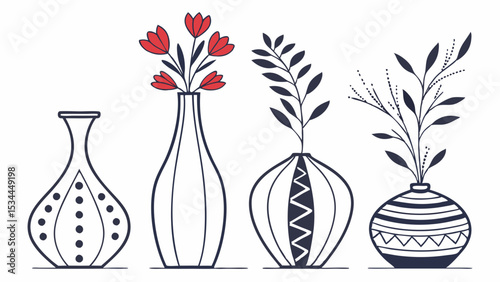 Set of four vases with plants and flowers minimalist line art illustration home decor collection