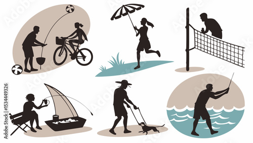 Vector silhouettes illustration of people enjoying diverse summer outdoor activities and recreation like cycling, fishing, volleyball, running, boating, dog walking.