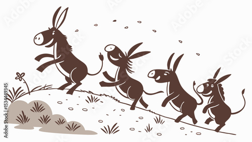 Simple stylized cartoon illustration of four playful brown donkeys walking uphill on a grassy slope