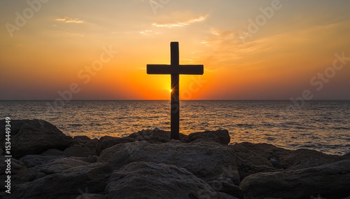 Cross Silhouette Against Ocean Sunset, Religious Concept for Easter or Christian Worship Background