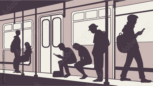 Silhouette Illustration of Commuters on a Train Using Mobile Phones Modern Urban Scene