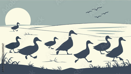 Monochrome Silhouette Illustration of Ducks Walking in Line Peaceful Nature Landscape with Sun Lake Grass