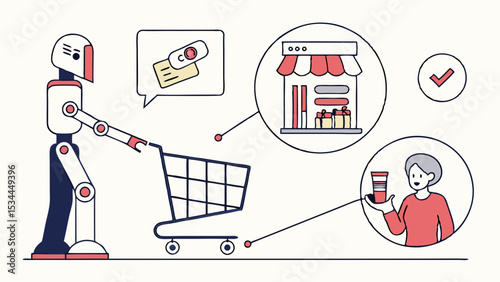 Robot pushing shopping cart assists customer with loyalty card and online store simple vector illustration