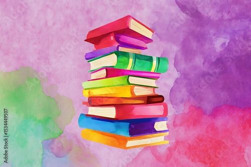Stack of colorful books on a watercolor background.