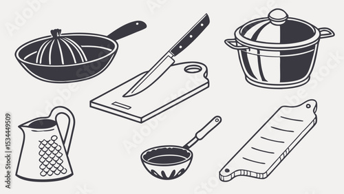 Monochrome line art illustration of kitchen cooking utensils set pot pan knife cutting board jug ladle