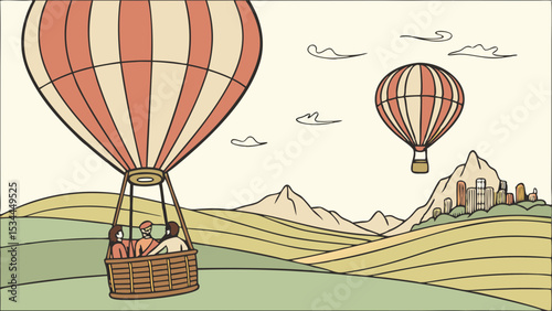 Retro Illustrated Hot Air Balloon Flight Over Green Hills Mountains and Distant City Landscape Art