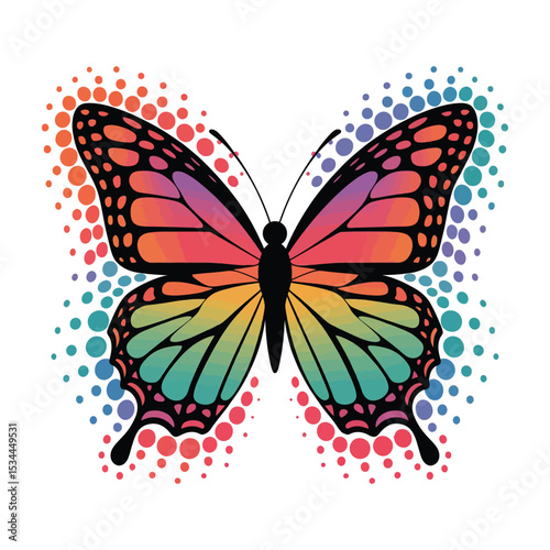 Create a vibrant, symmetrical butterfly with colorful wings that transition from bright pink and purple at the top to green and blue at the bottom. The butterfly's wings are intricately detailed with 