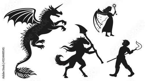 Black Silhouette Fantasy Creatures and Characters Dragon Centaur Fairy Warrior Vector Set