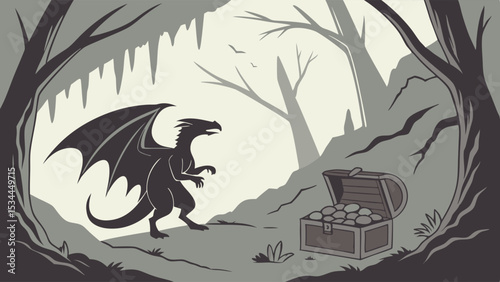 Grayscale Fantasy Illustration Dragon Guards Treasure Chest Full of Gold in Dark Forest