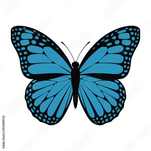A vibrant blue butterfly with intricately designed wings featuring gradient shades of blue and black accents