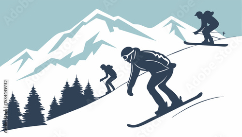 Dynamic Silhouette Illustration of Skiers Skiing Down a Snowy Mountain Slope with Pine Trees Winter Sport Scene